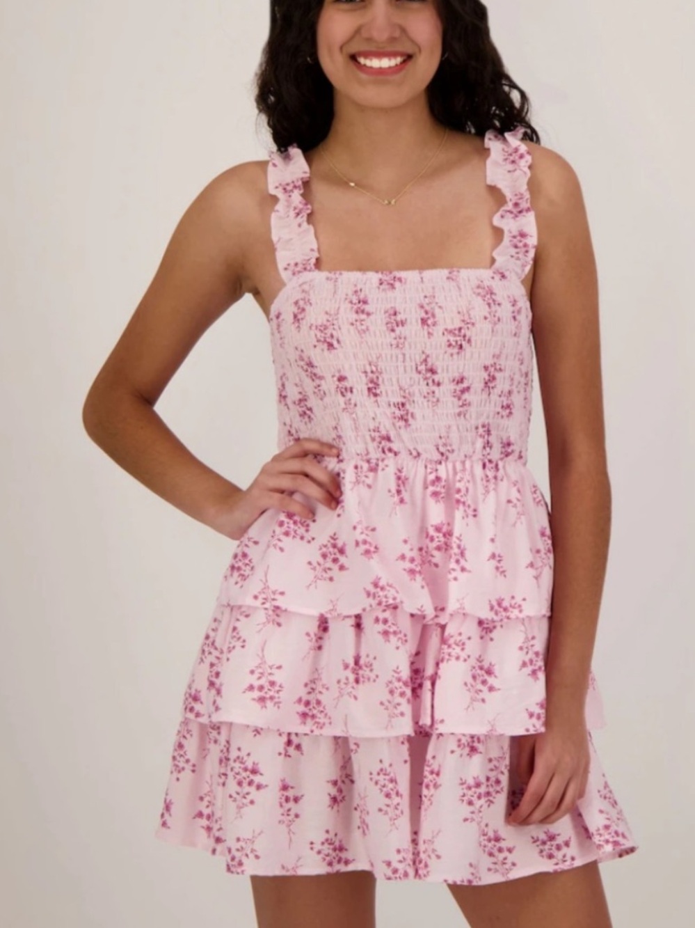 Pink Smocked Shirred Western Girly Pop Floral Ruffle Tiered Mini Dress M Medium